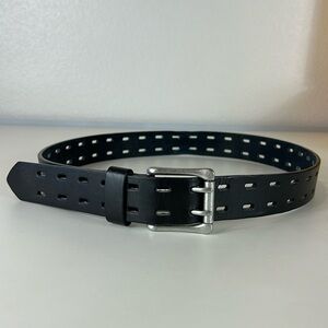 Black Leather Belt with Silver Buckle Double Perforated